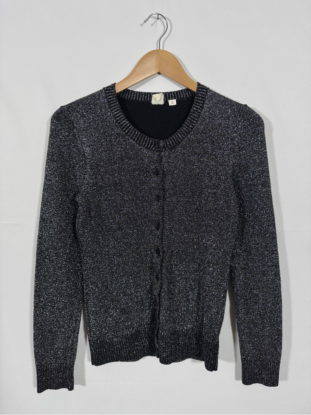 WSW1 {GAP} "Slim Crew Cardigan" Black Silver Glitter Metallic Holiday Sweater